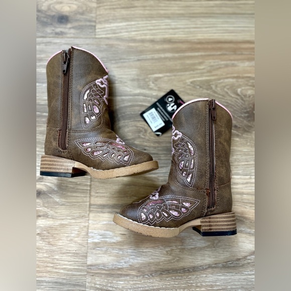 Blazin Roxx Toddler Wing Inlay Square Toe Tan Cowgirl Boots Pink Size 4 NWT